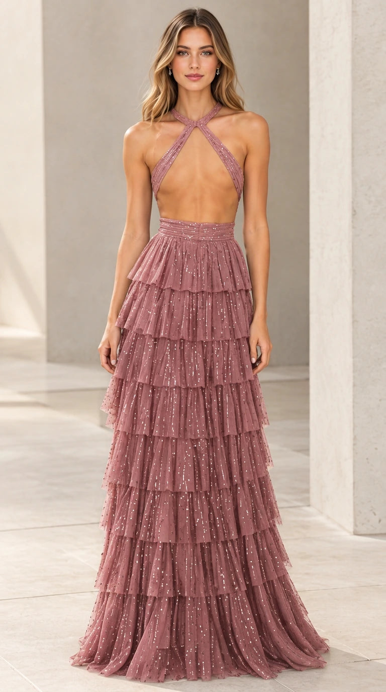 Dusty Rose glitter crisscross halter tiered tulle formal maxi gown