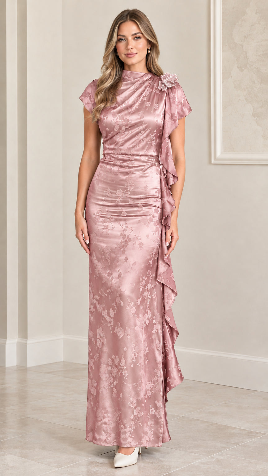 Model wearing Dusty Rose pink satin floral jacquard cap sleeve maxi dress