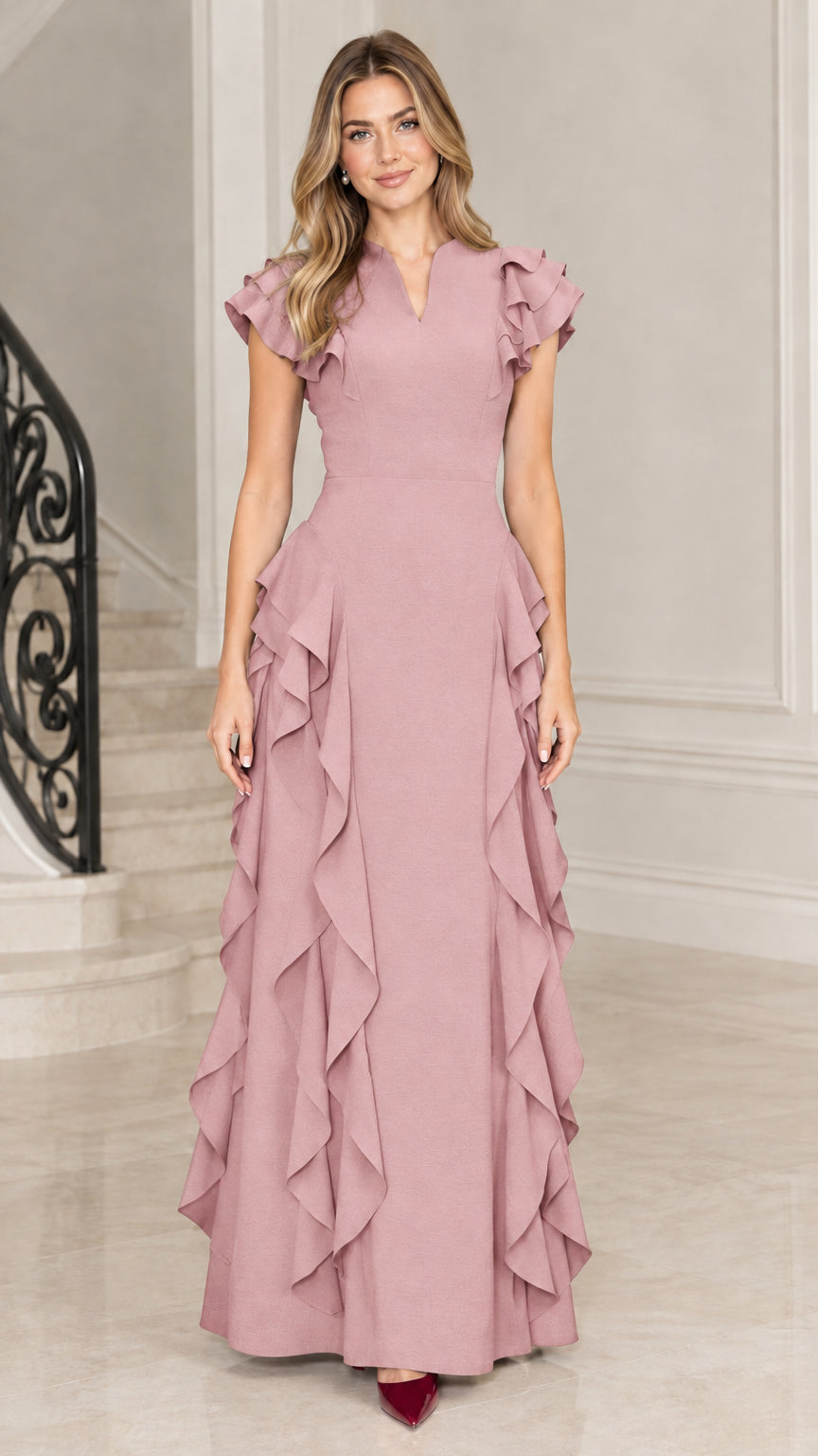 Full-length view of dusty rose flutter sleeve cascade ruffle maxi dress