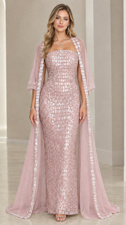 Dusty rose sequin strapless column maxi gown with matching blush cape