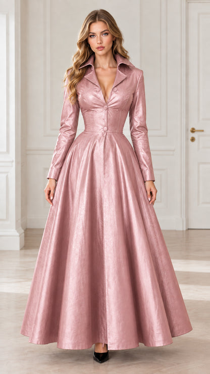 Dusty pink faux leather long sleeve maxi dress front view