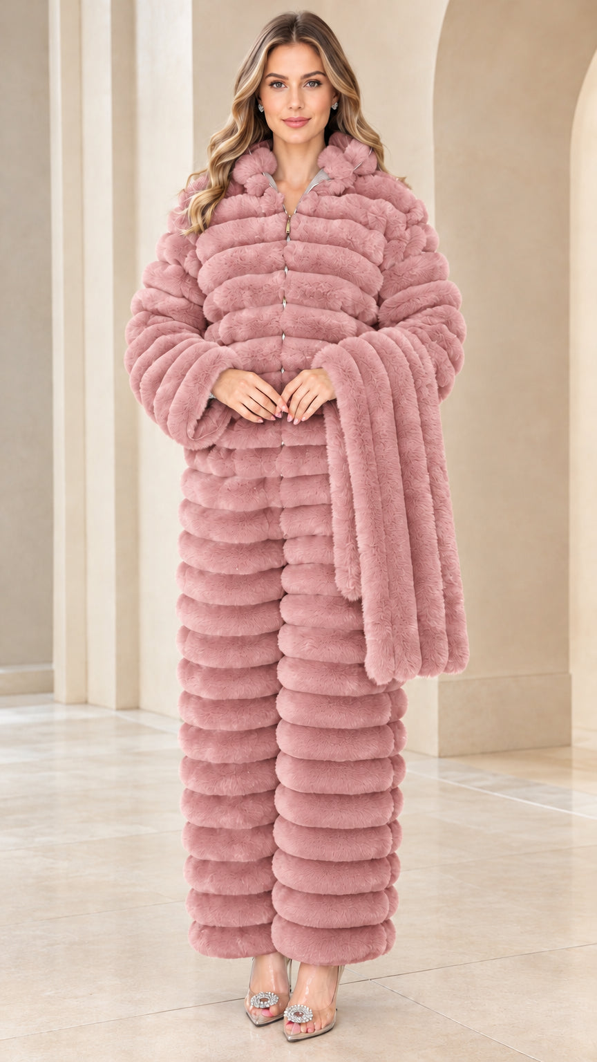 Front view of dusty pink ribbed faux fur jumpsuit with matching scarf