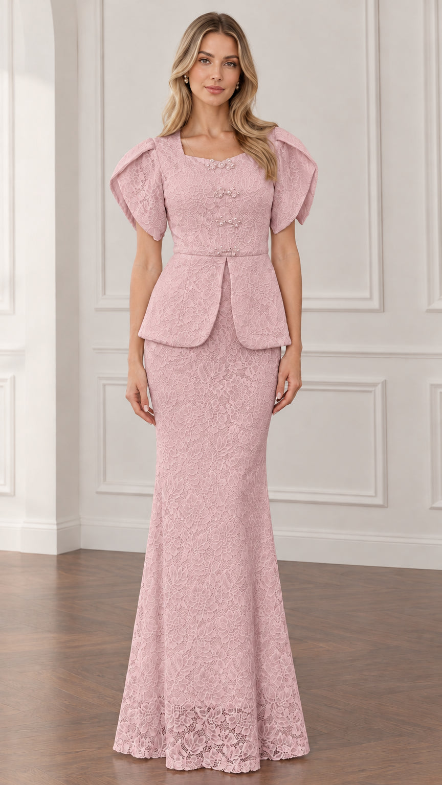 Front view of dusty pink lace peplum evening gown with flutter sleeves