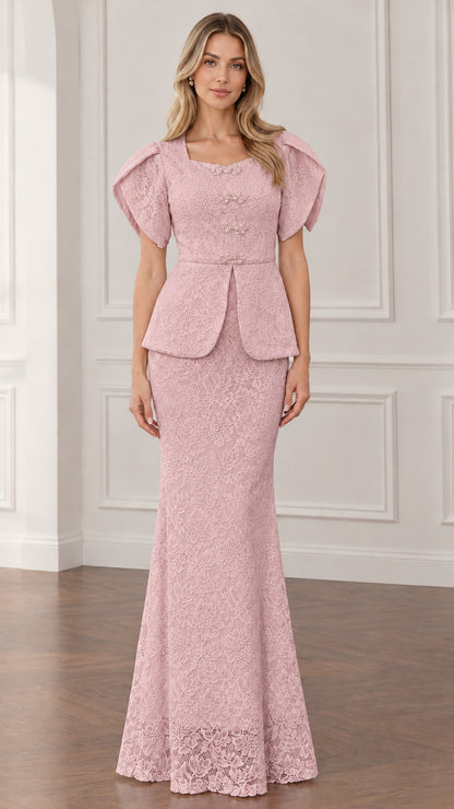 Front view of dusty pink lace peplum evening gown with flutter sleeves