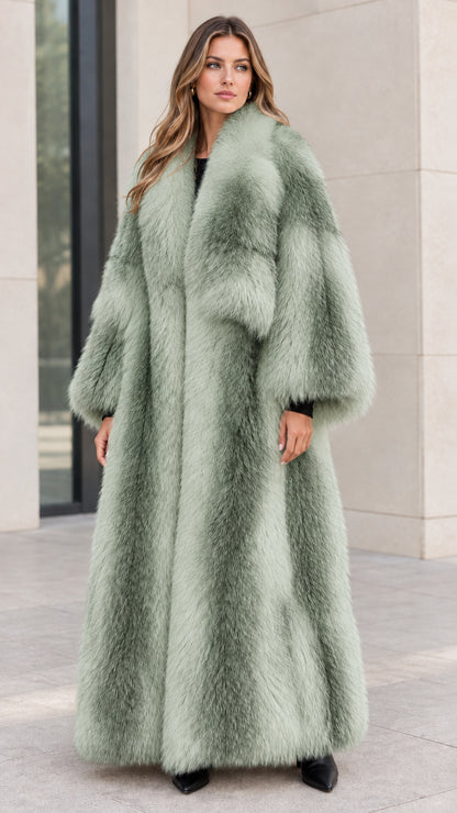 Model wearing Sage Green frosted floor-length faux fur maxi coat