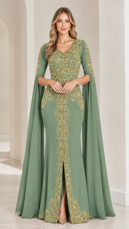 Full front view of sage green cape sleeve evening gown with gold embroidery
