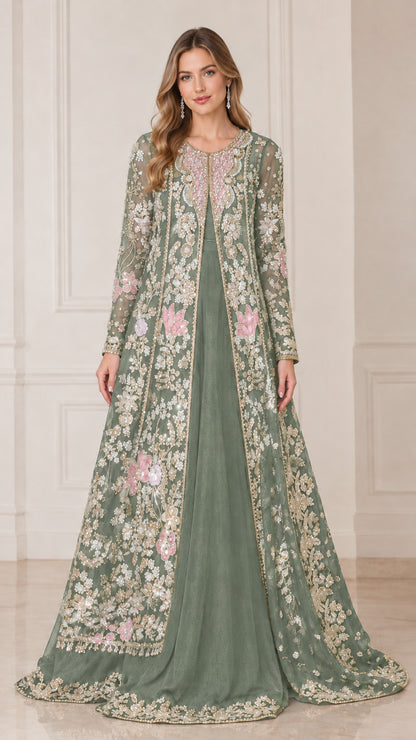 Sage green embroidered floral evening coat dress set with long sleeves
