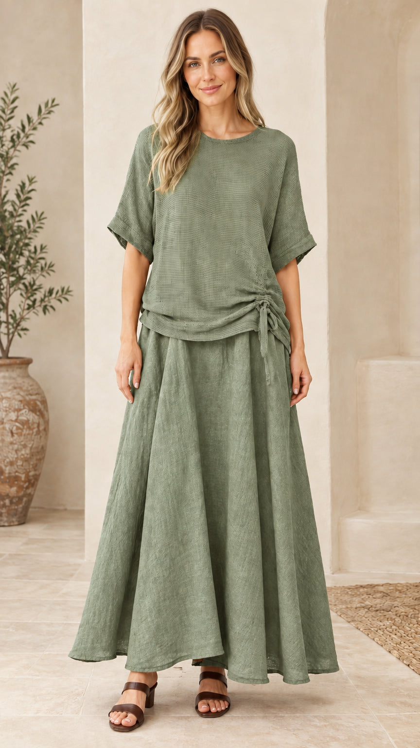 Front view of woman wearing sage green textured short sleeve top and maxi skirt set