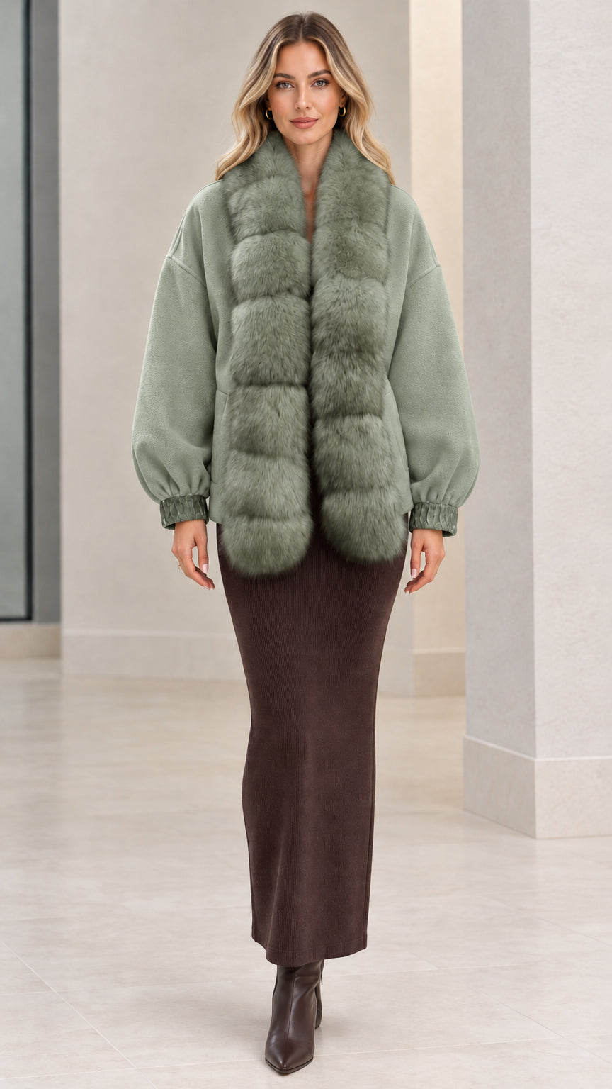 Front view of sage green faux fur trim jacket