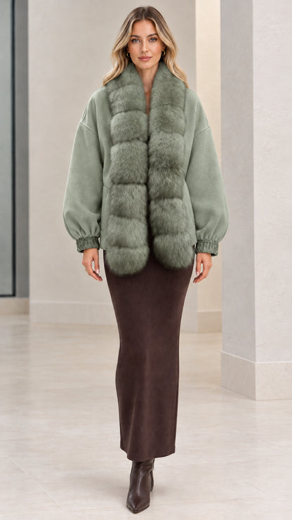 Front view of sage green faux fur trim jacket