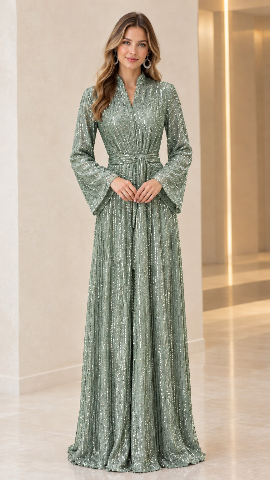 Model wearing sage green sequin long bell sleeve maxi dress with tie belt