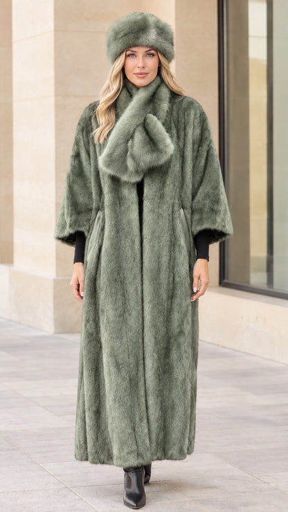 Full-length view of women's maxi faux fur coat in sage green