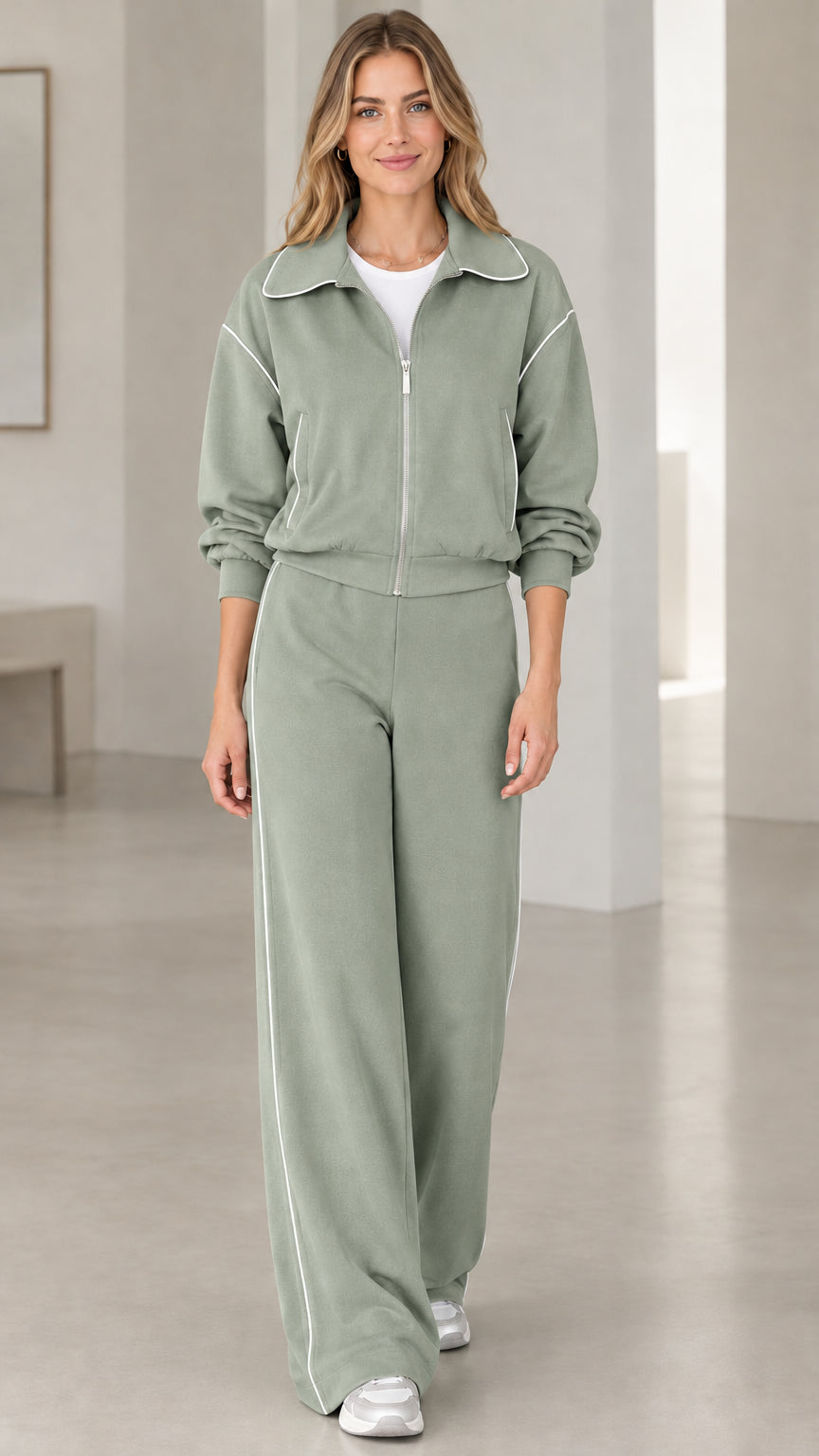 Front view of model wearing Sage Green two-piece collared lounge tracksuit set