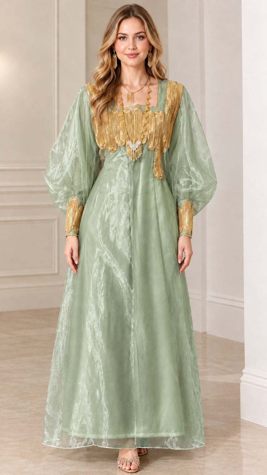 Front view of sage green gold embellished lantern sleeve maxi dress