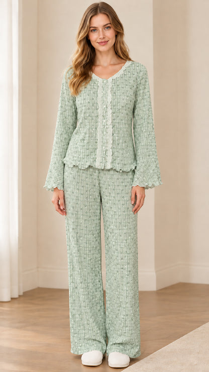 Front view of model wearing Sage Green floral lace-trim pajama set