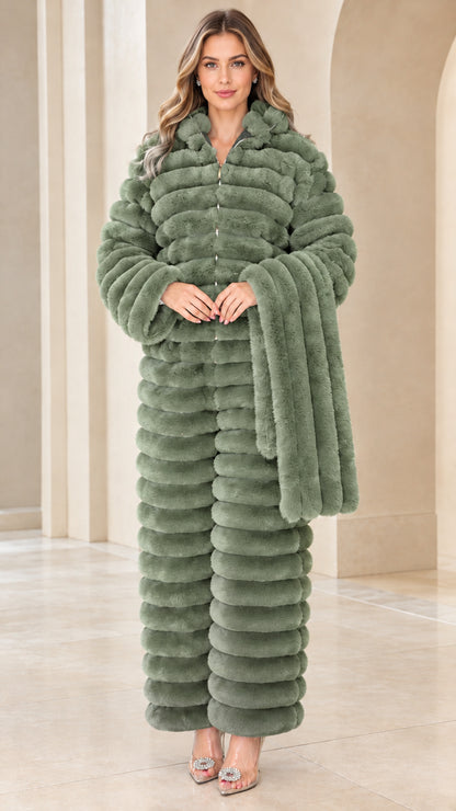Front view of sage green ribbed faux fur jumpsuit with matching scarf