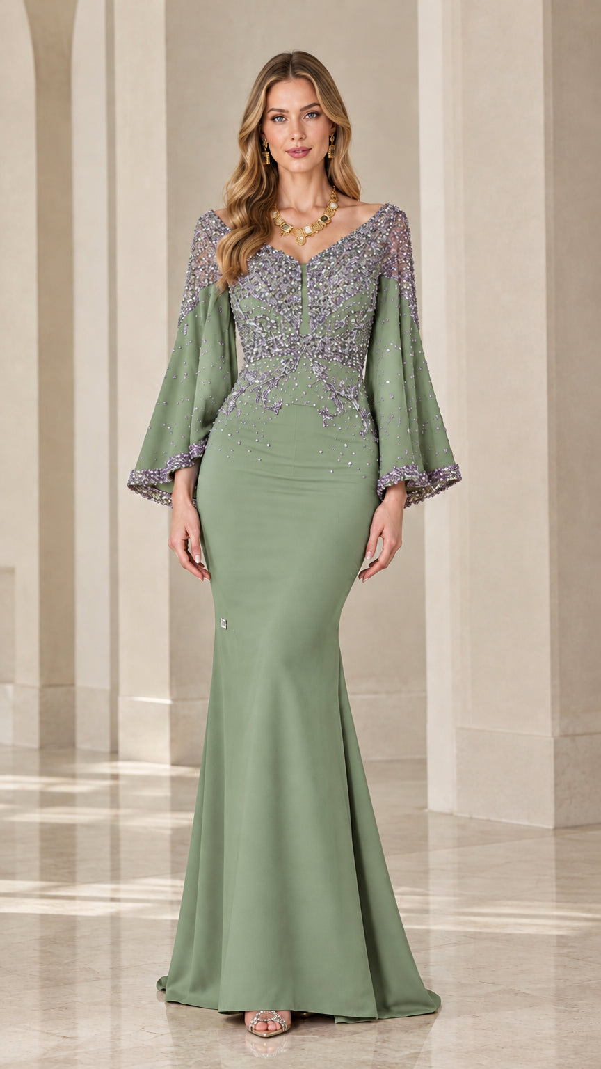 Sage green beaded floor-length mermaid formal dress