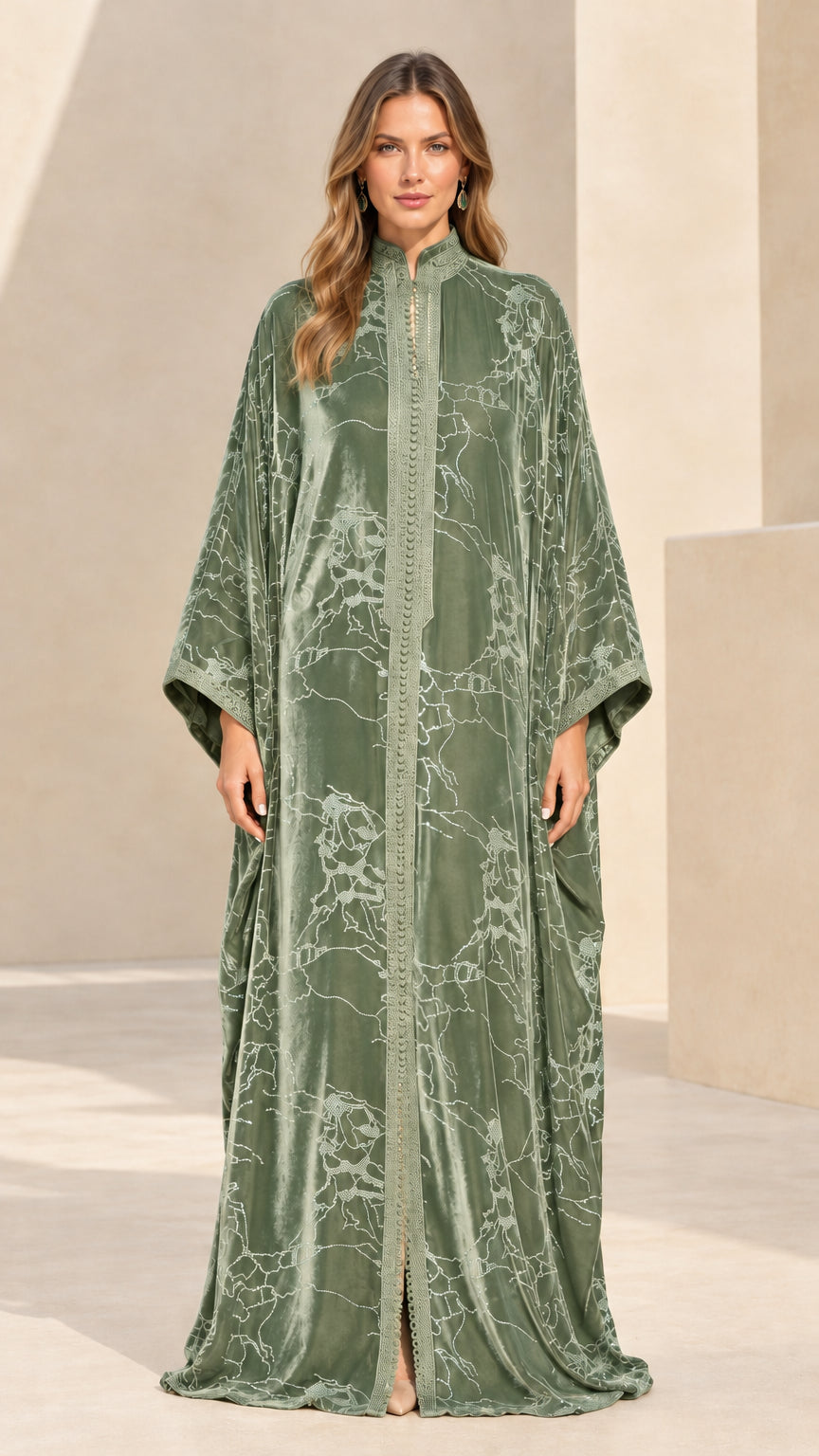 Front full-length view of sage green embroidered velvet maxi kaftan dress
