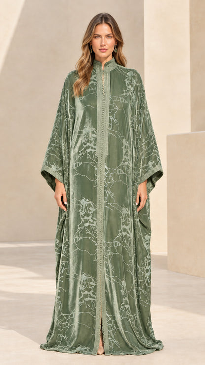 Front full-length view of sage green embroidered velvet maxi kaftan dress