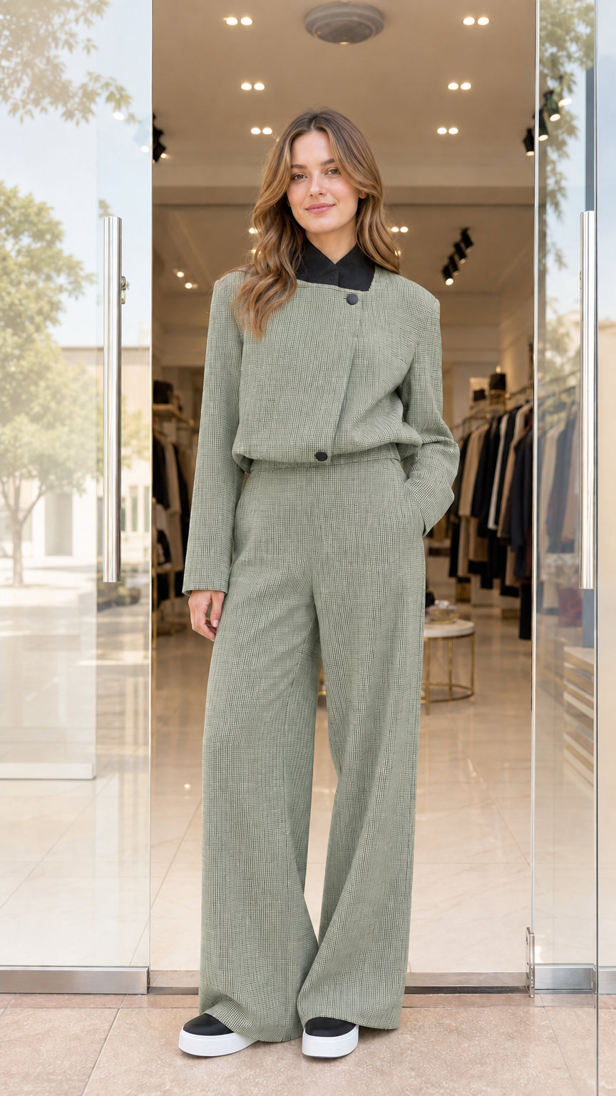 Front view of model wearing sage green cropped blazer and wide-leg suit set