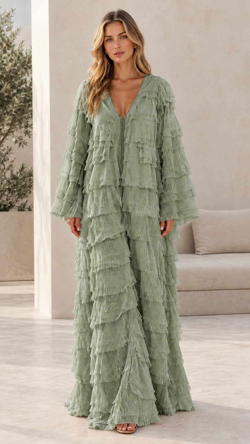 Model wearing sage green tiered fringe long sleeve maxi dress