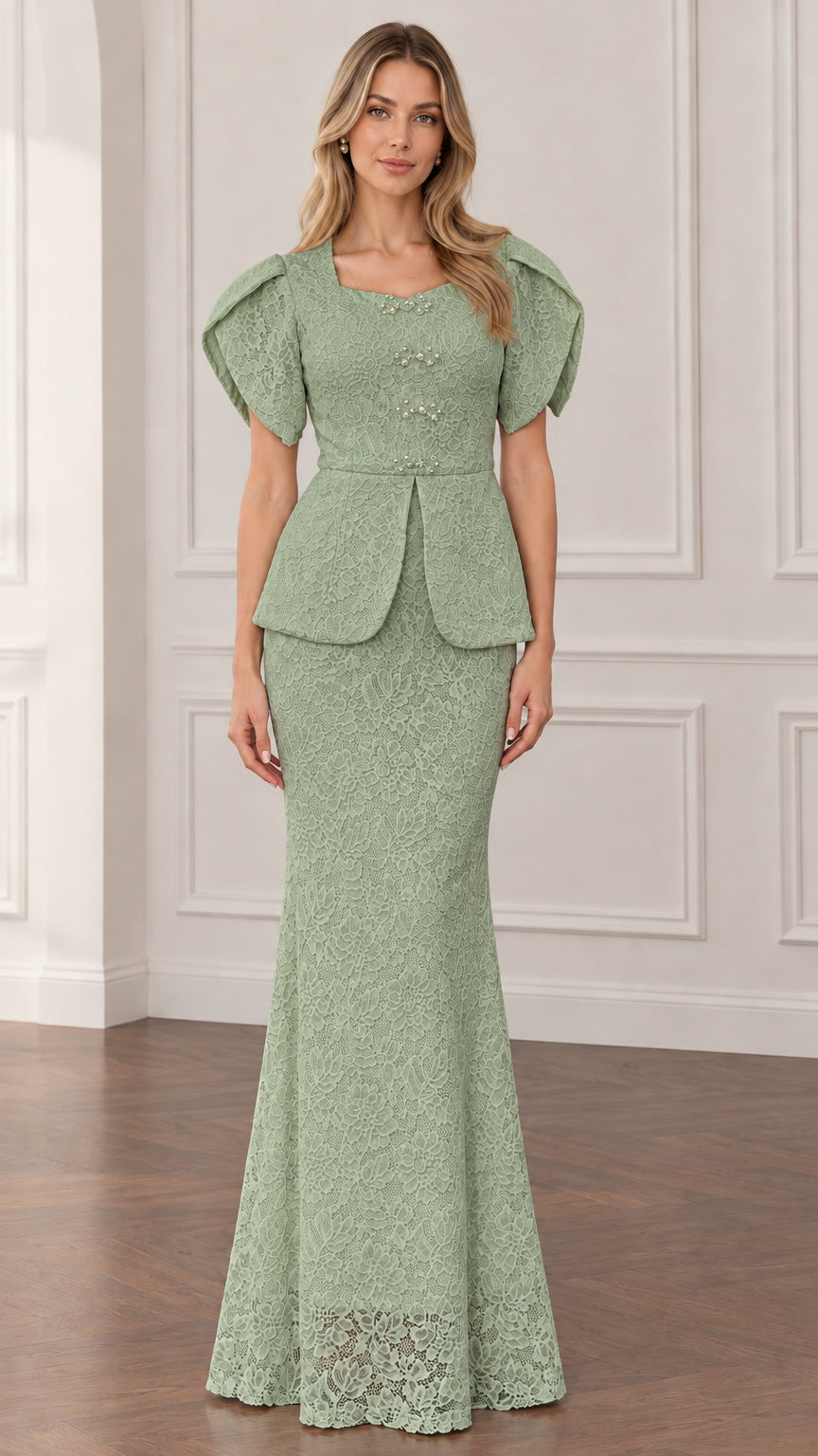 Front view of sage green lace formal evening maxi dress