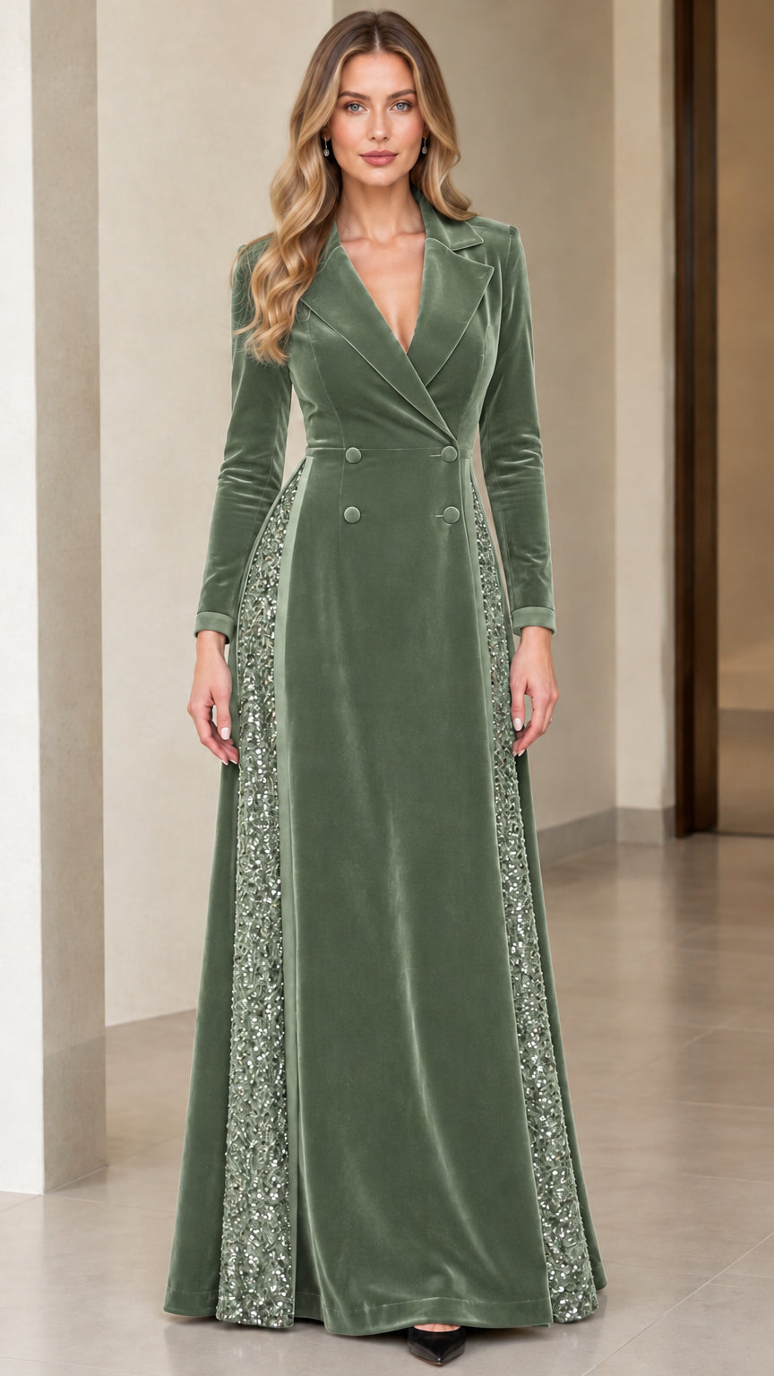 Front view of sage green velvet maxi blazer dress with sequin inserts