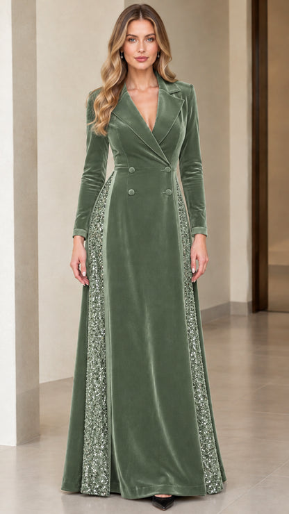 Front view of sage green velvet maxi blazer dress with sequin inserts