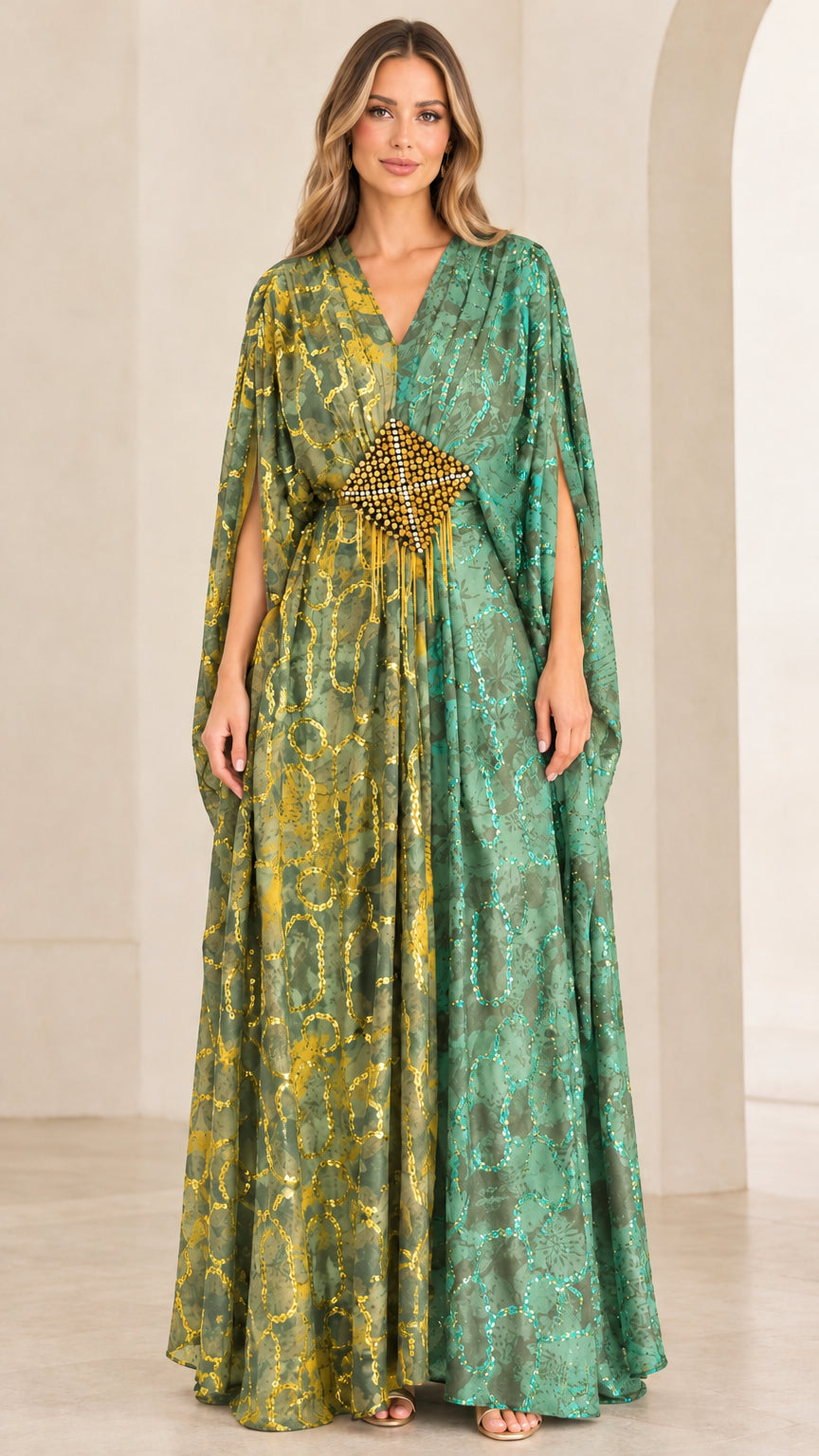 Sage green and olive split cape maxi kaftan gown