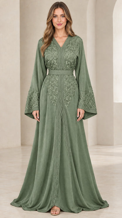 Sage green embroidered V-neck kaftan maxi dress front view