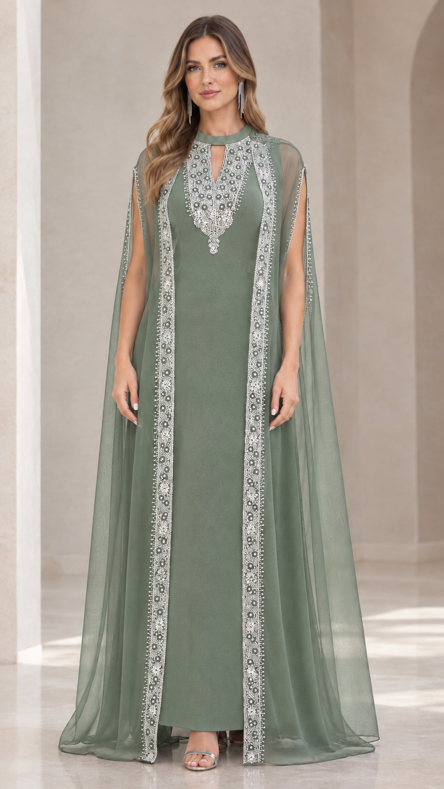 Sage green embellished cape evening maxi gown with sheer overlay