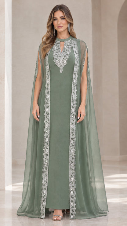 Sage green embellished cape evening maxi gown with sheer overlay