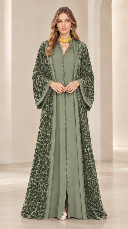 Sage green burnout velvet modest kaftan maxi dress