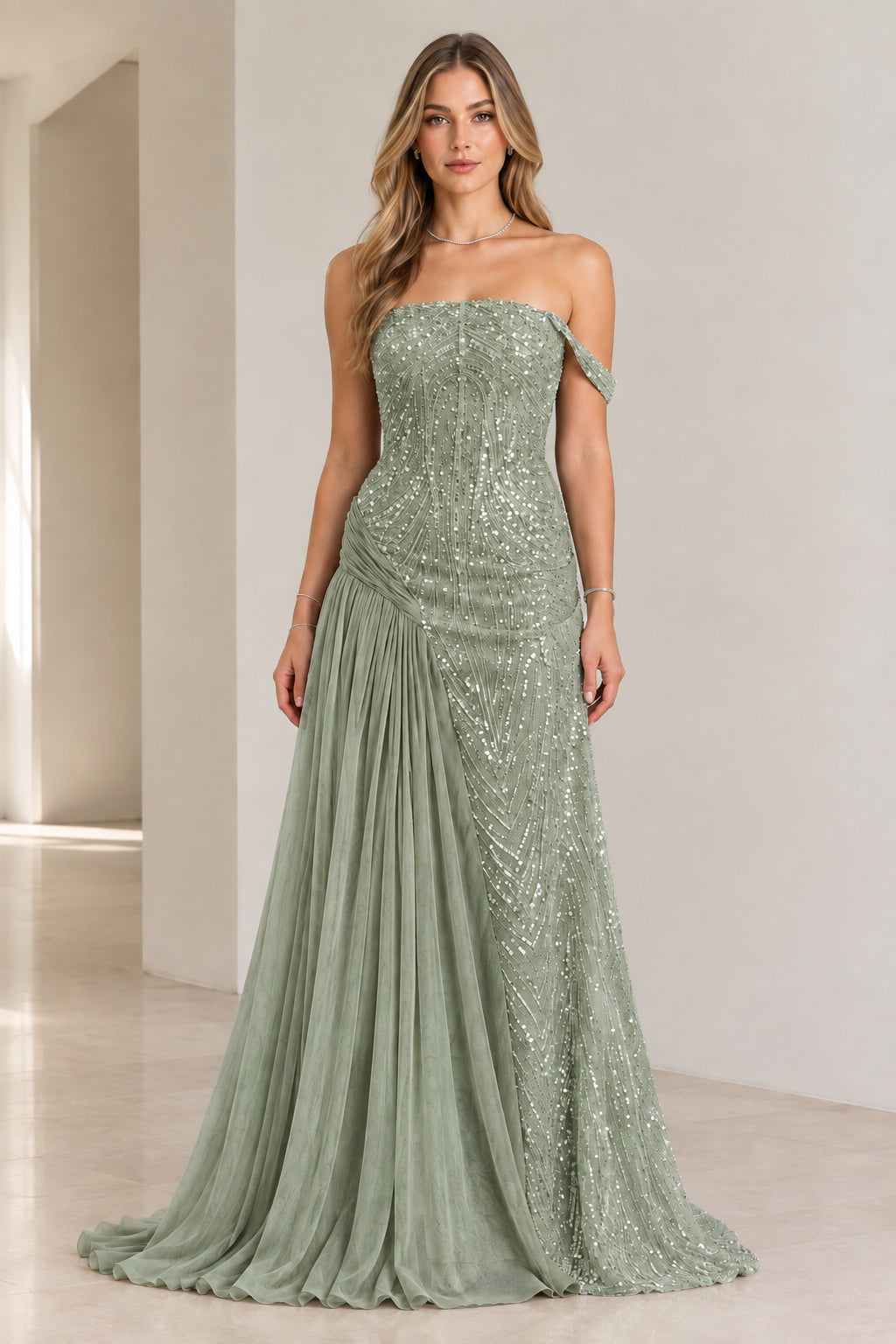 Sage green sequin off-the-shoulder formal maxi gown with pleated drape