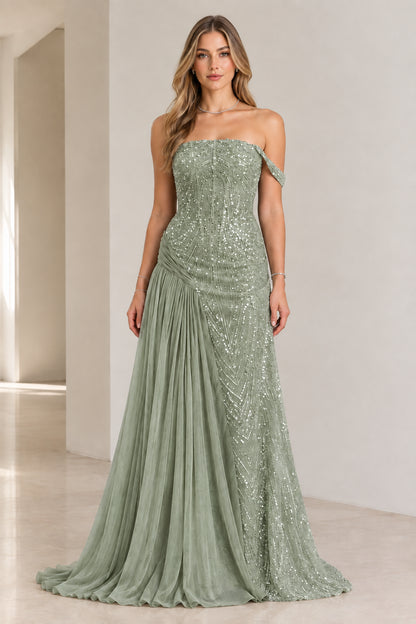 Sage green sequin off-the-shoulder formal maxi gown with pleated drape