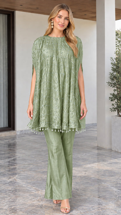Sage green embroidered cape tunic top and coordinating wide leg pants