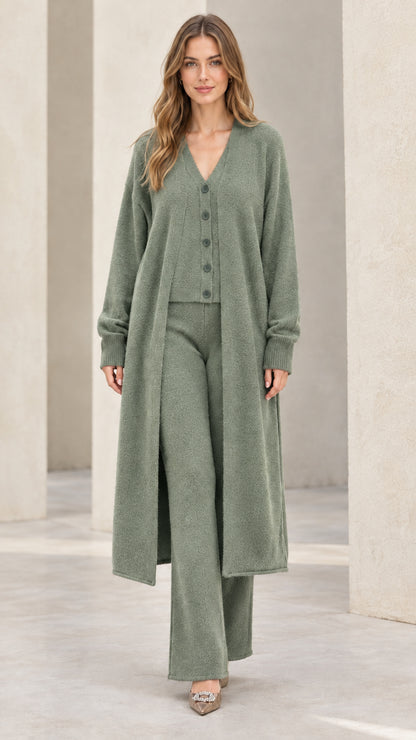 Front full-length view of model wearing sage green 3-piece knit lounge set