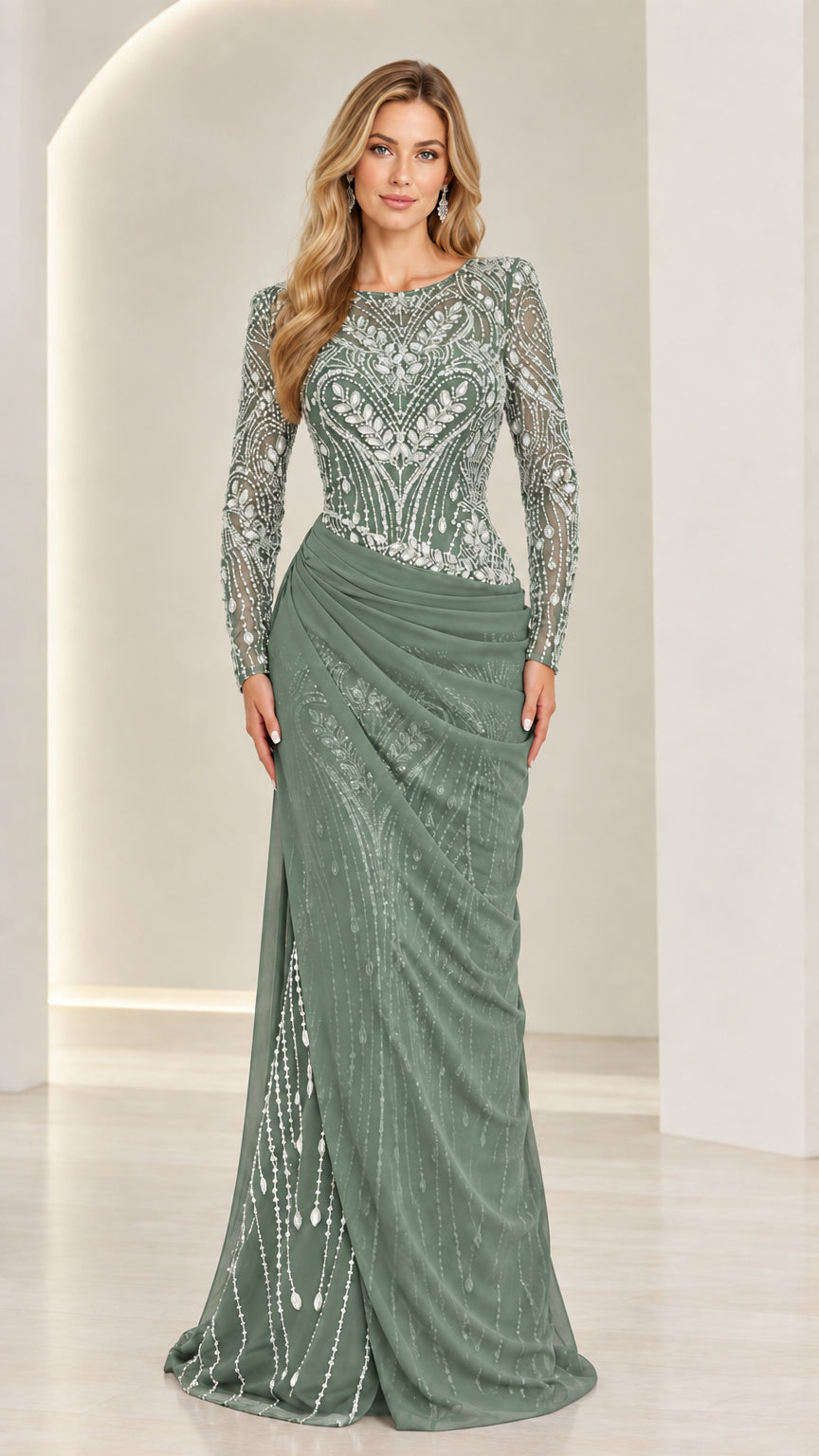Sage Green elegant ruched long sleeve formal evening gown