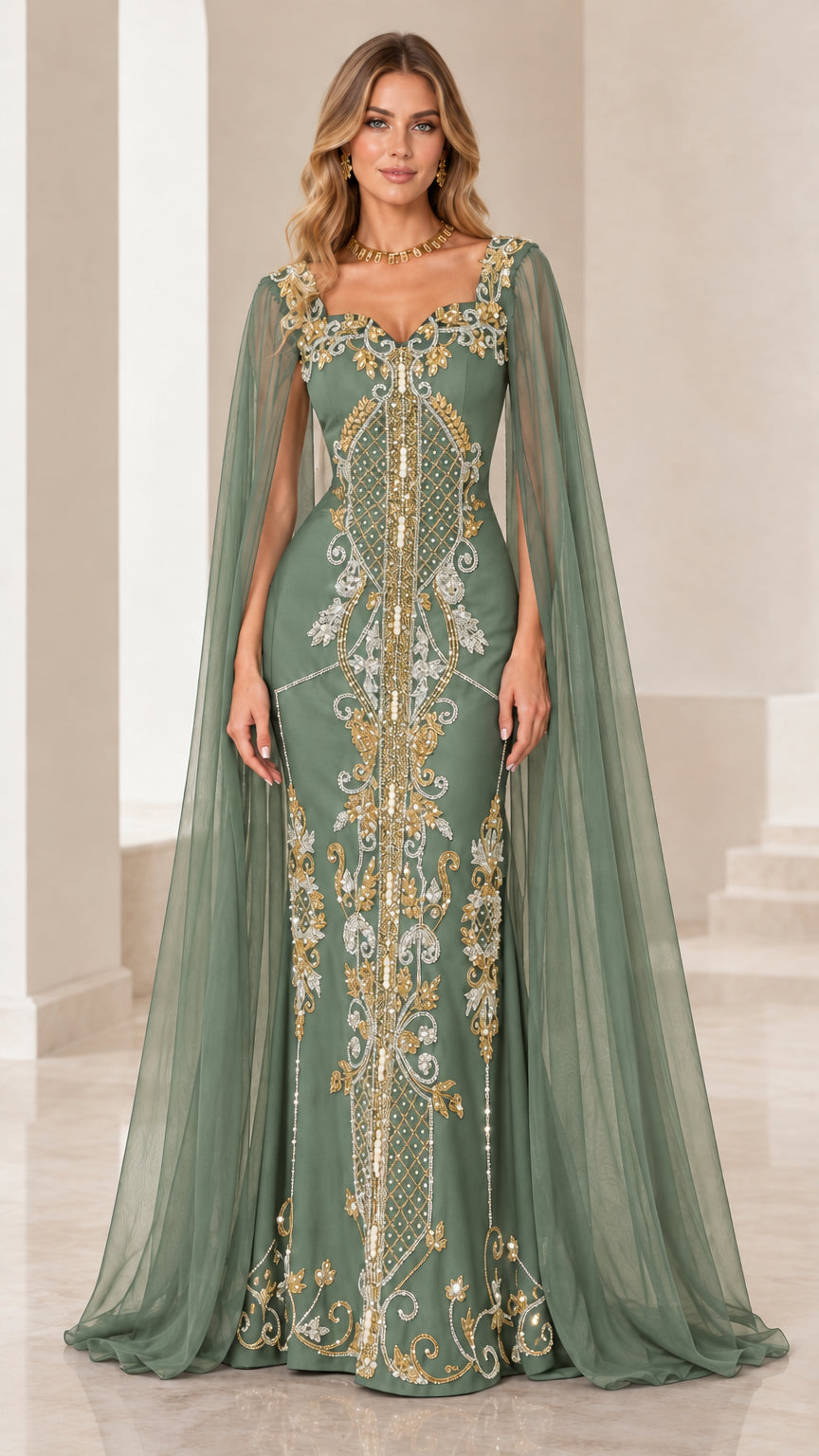 Sage green cape sleeve evening dress with metallic gold embroidery