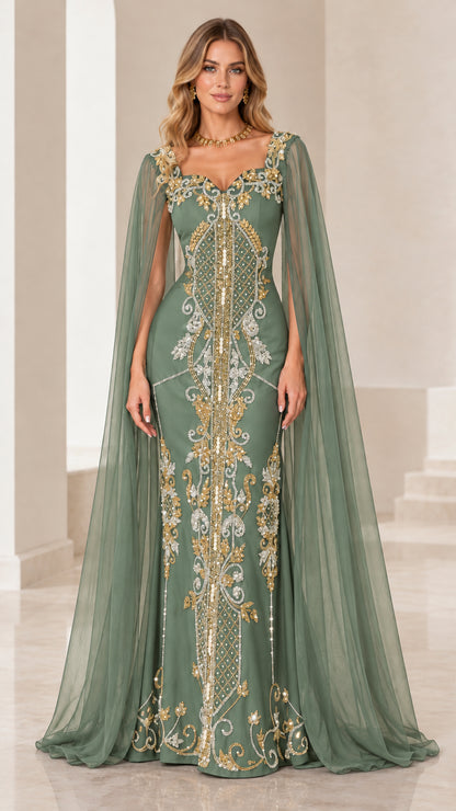 Sage green cape sleeve evening dress with metallic gold embroidery