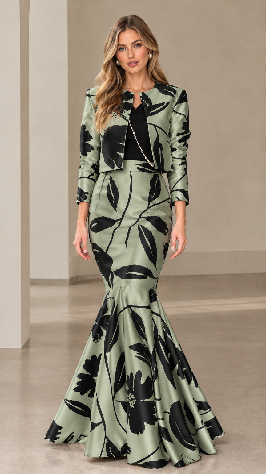 Front view of sage green and black floral cropped jacket and mermaid skirt set