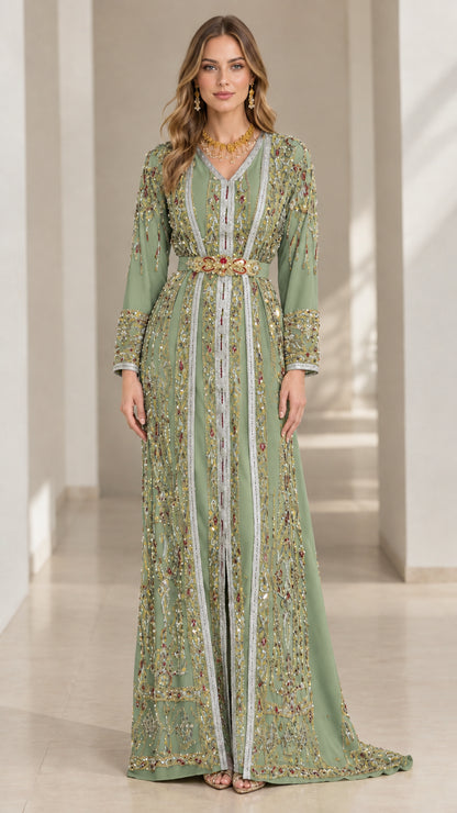 Full-length front view of model wearing Sage Green ornate Moroccan caftan maxi dress
