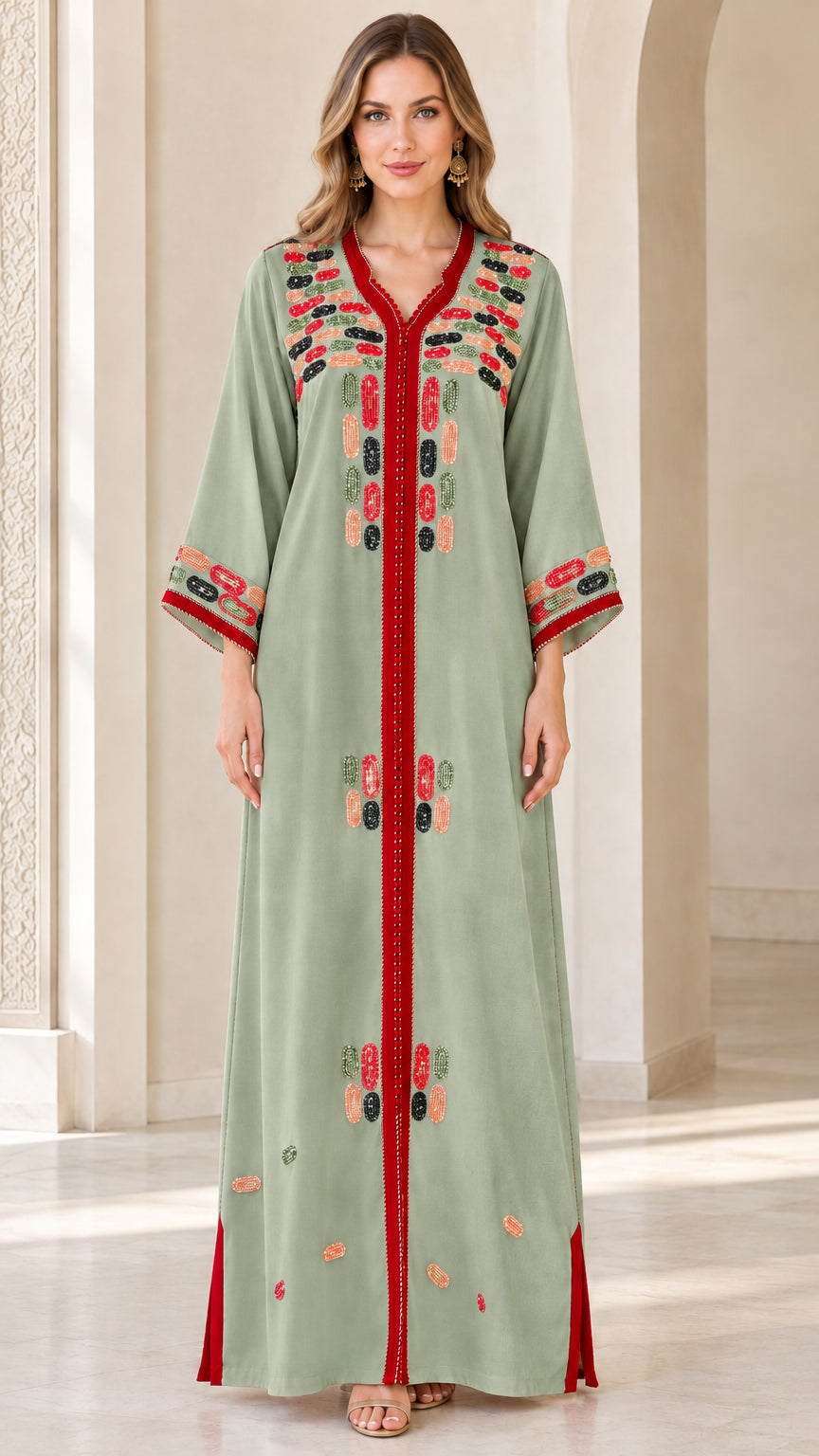 Front view of model wearing sage green embroidered maxi kaftan dress
