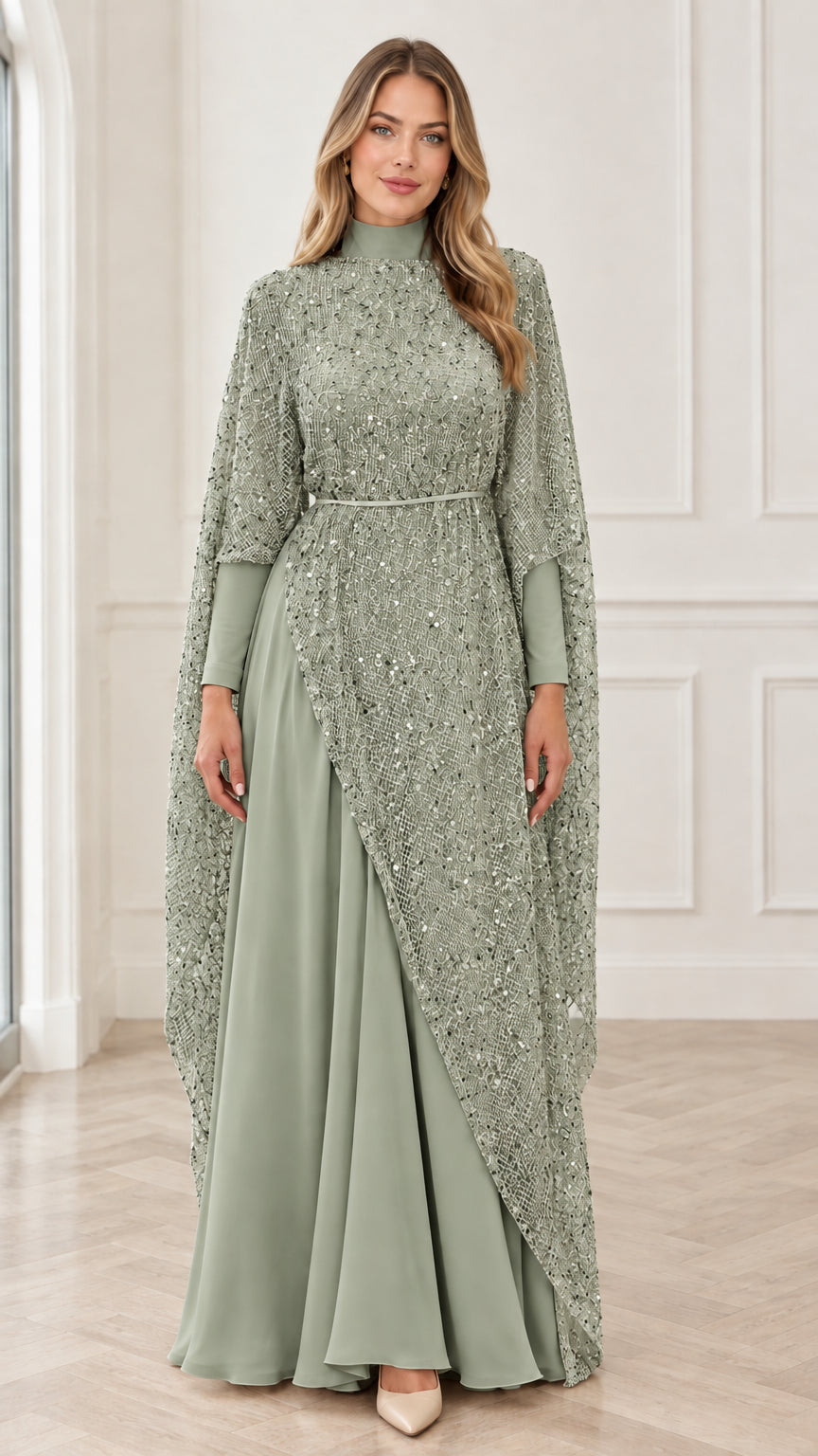 Sage green high neck sequin cape maxi evening dress