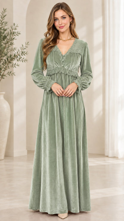 Front view of model wearing sage green velvet long sleeve maxi dress
