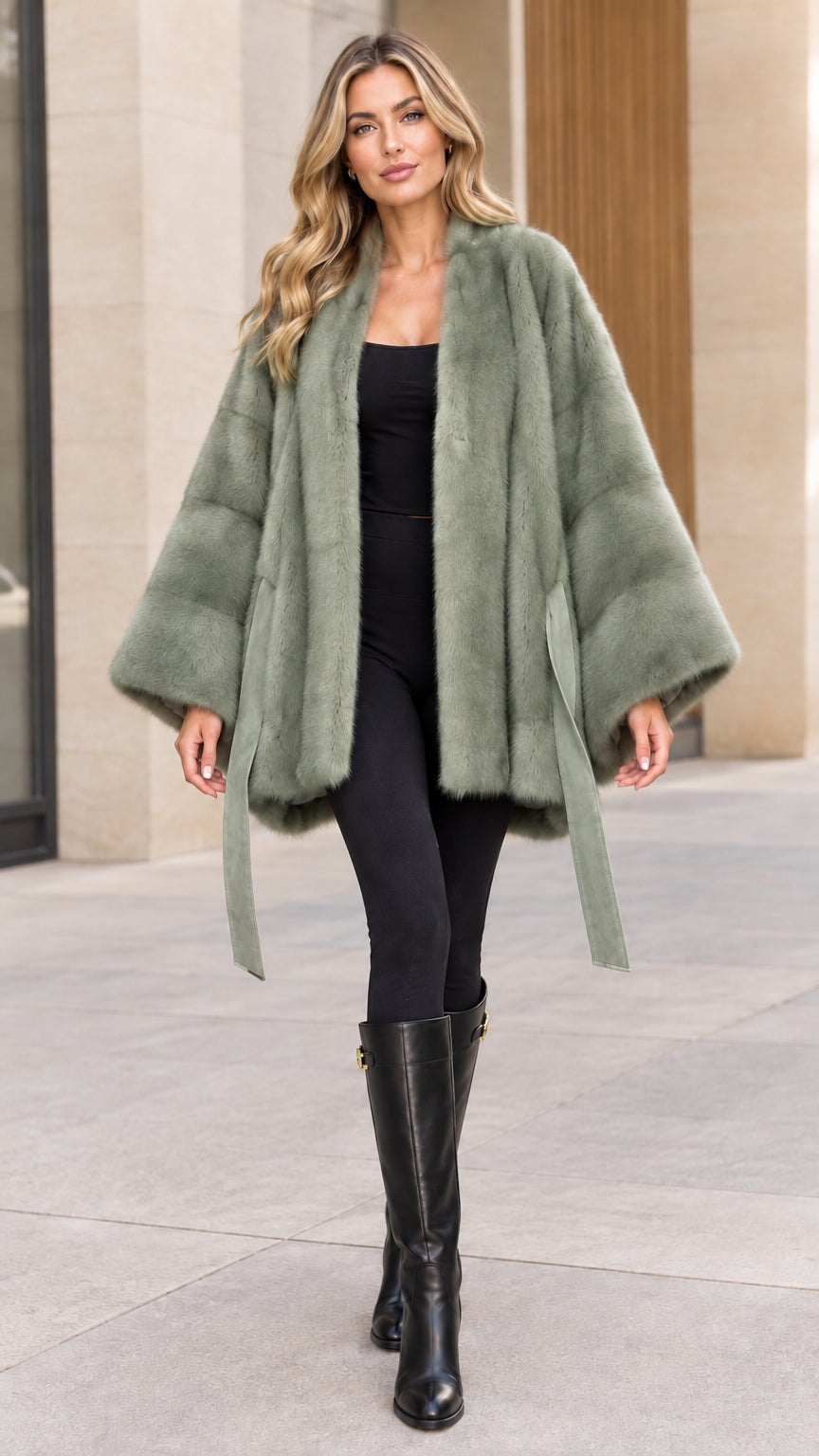 Sage green belted faux fur poncho jacket front view