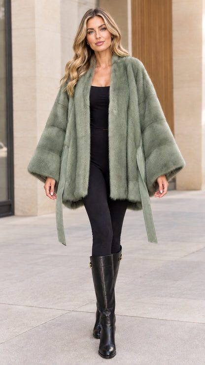 Sage green belted faux fur poncho jacket front view