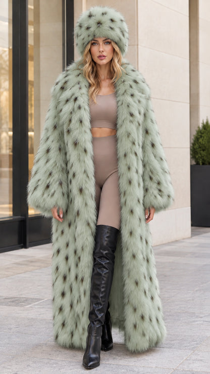 Front view of sage green spotted faux fur maxi coat with matching plush hat
