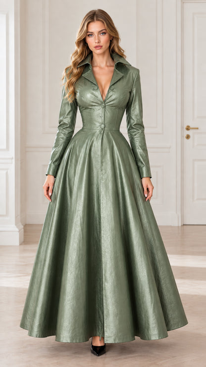 Sage green faux leather long sleeve maxi dress front view