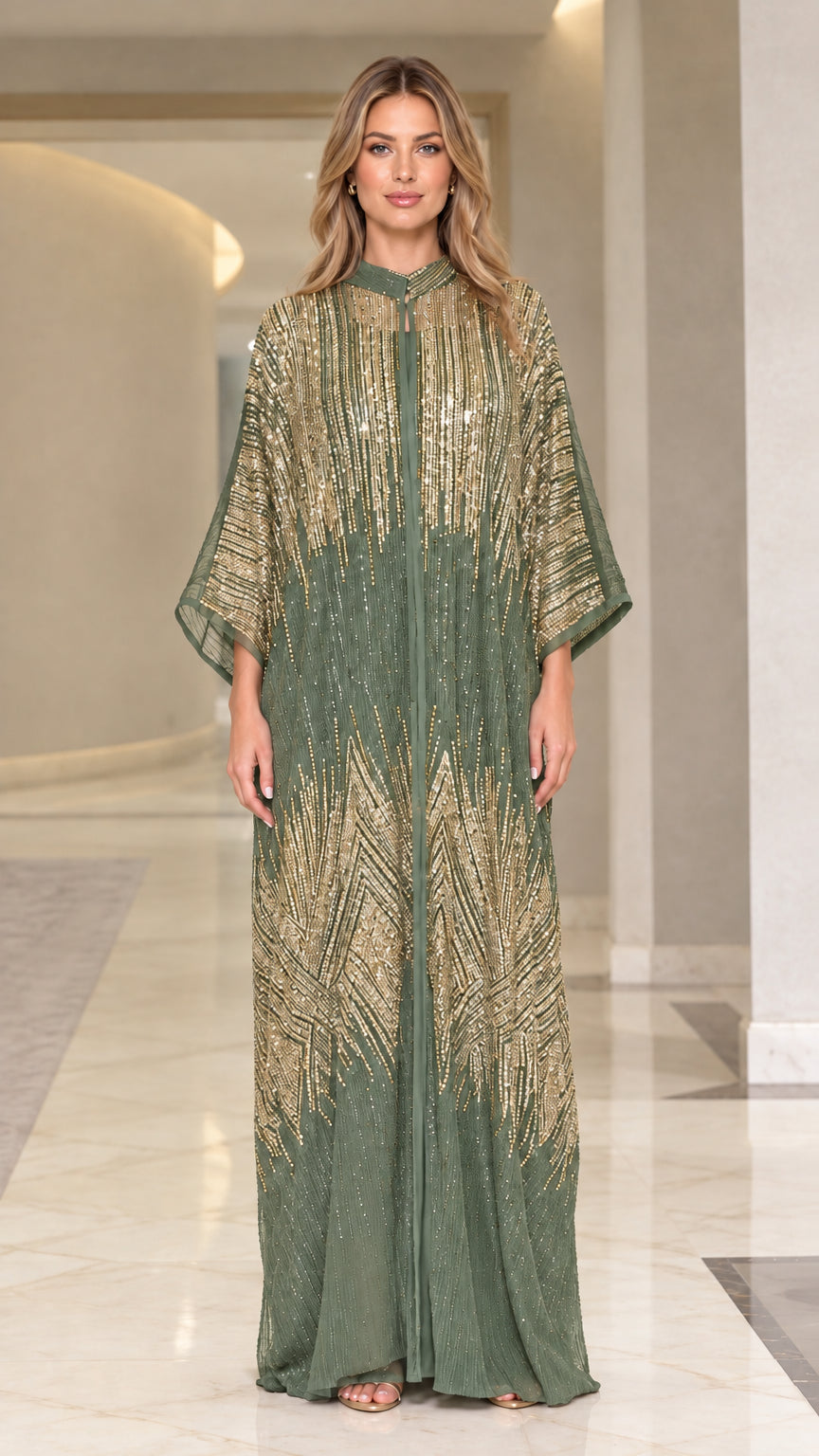 Front view of woman wearing sage green sequin embellished kaftan maxi dress